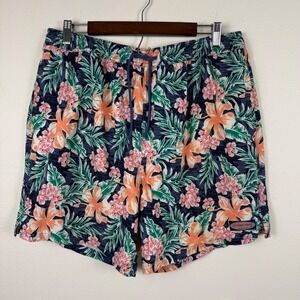 Vineyard Vines Mens XL Tropical Floral Hibiscus Swim Trunks Navy Blue 7 Inch